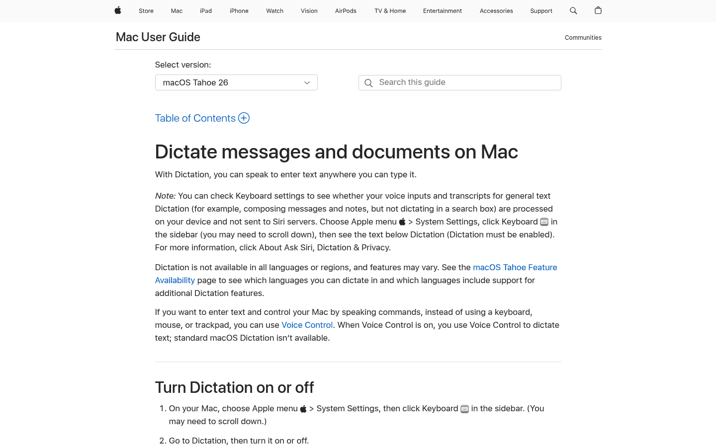 Apple Dictation support page screenshot