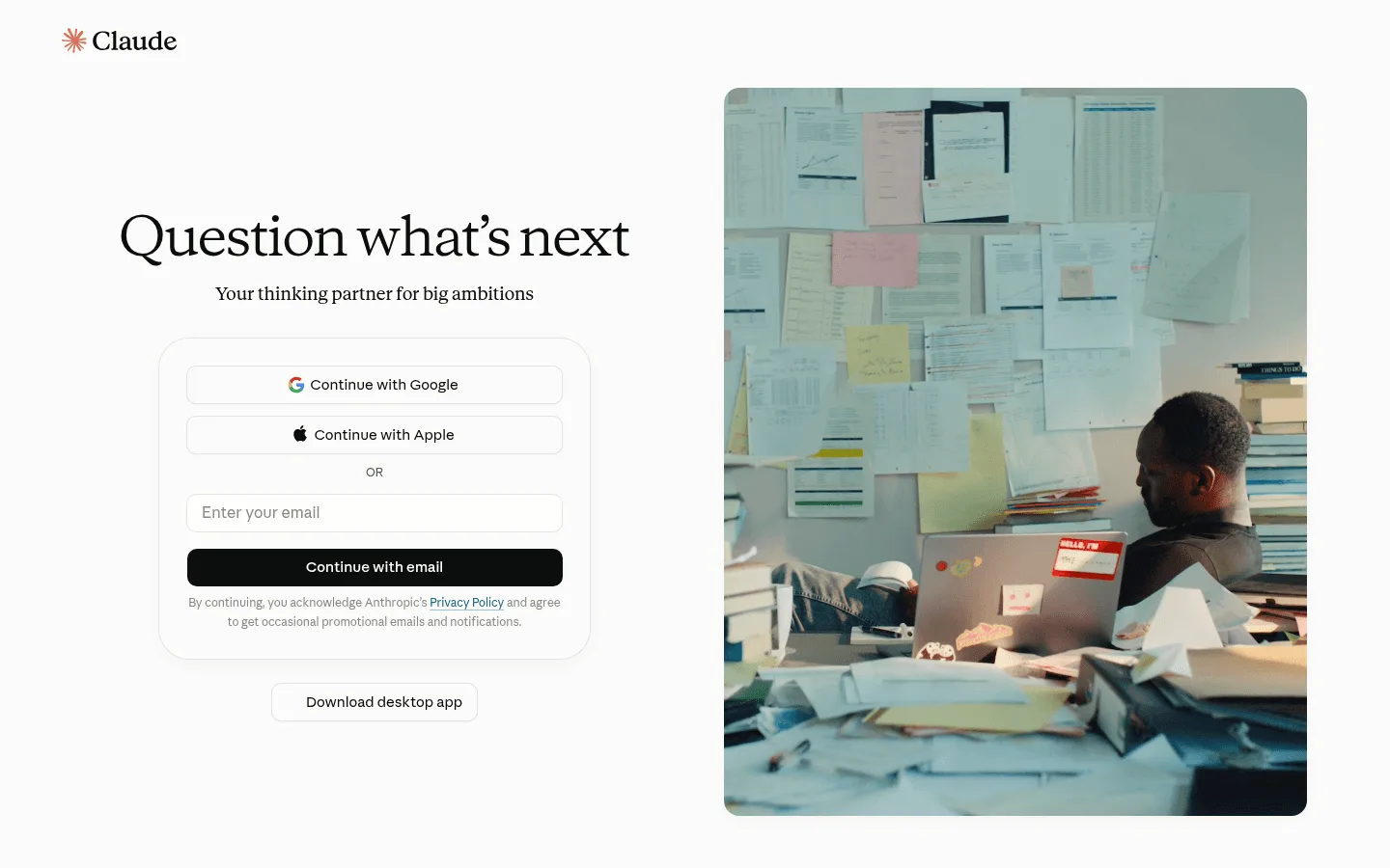 Claude public sign-in page and product homepage screenshot