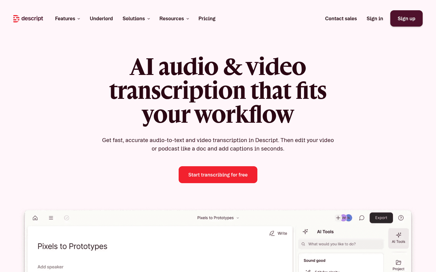 Descript transcription editor homepage screenshot