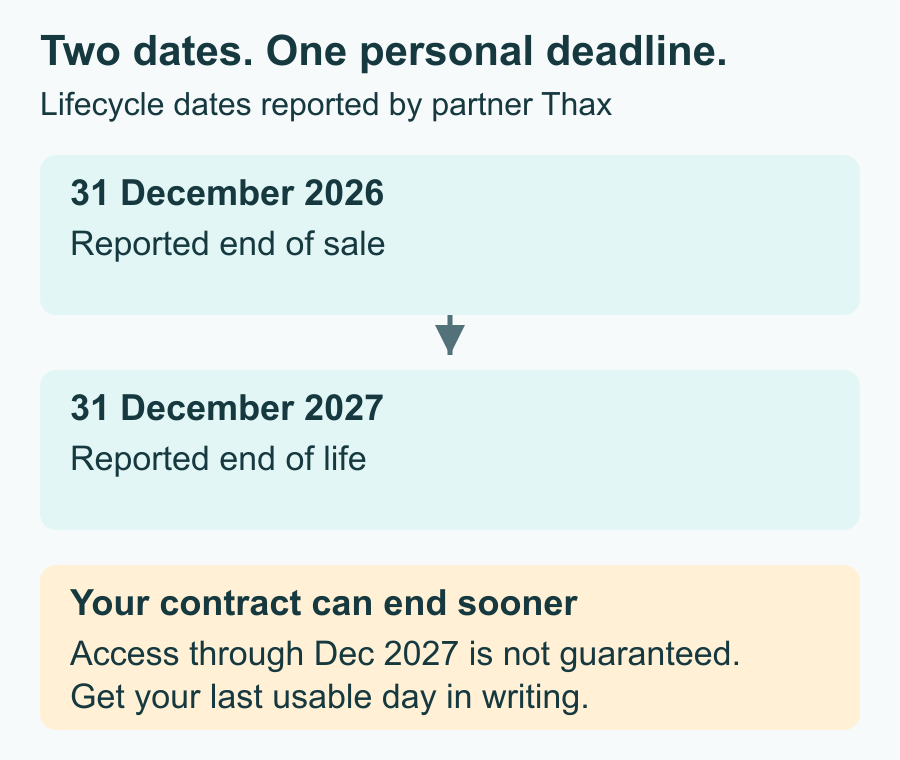 Partner-reported timeline: end of sale December 31, 2026; end of life December 31, 2027. Your contract may end sooner; access through December 2027 is not guaranteed.