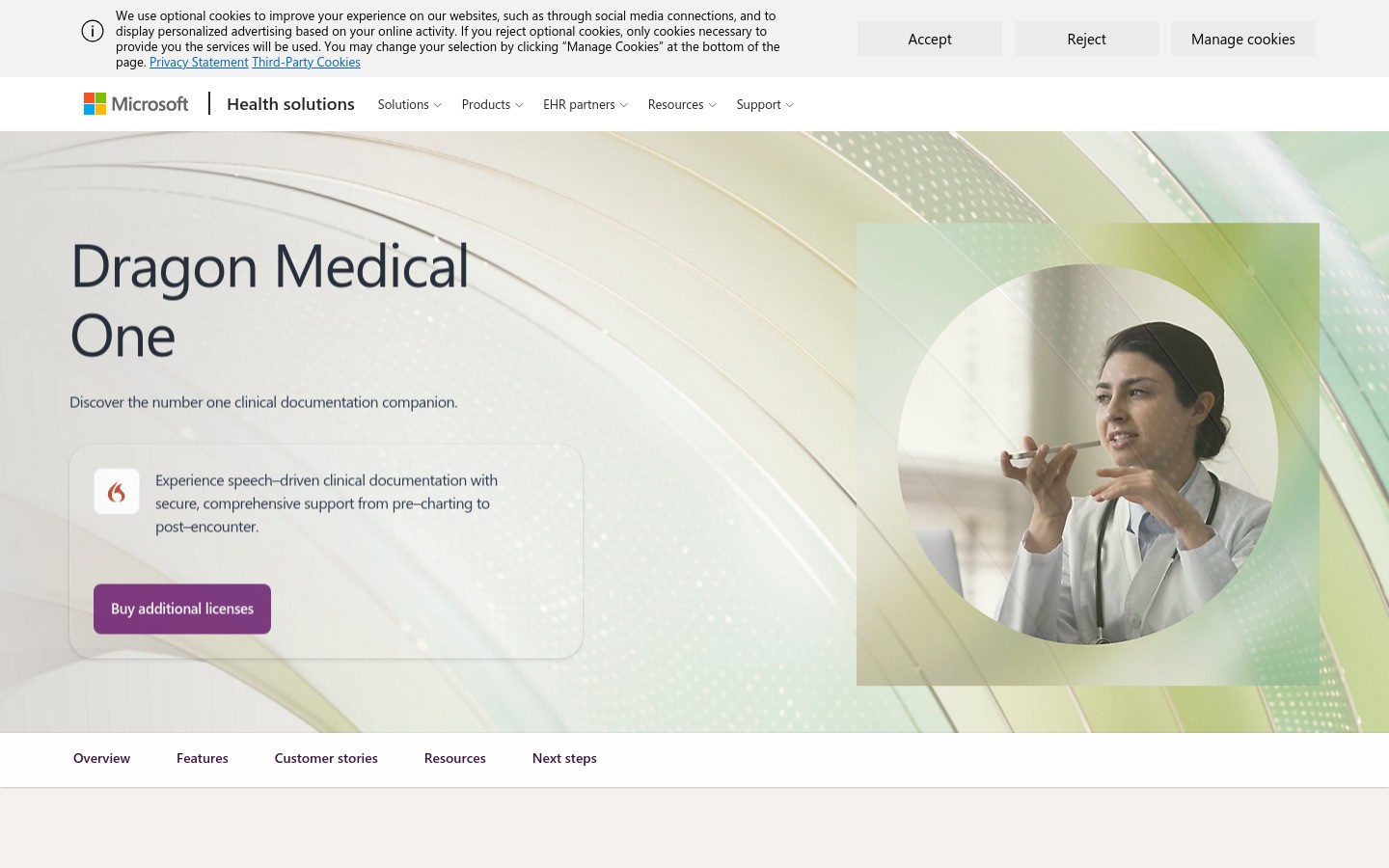 Dragon Medical One product page for medical dictation
