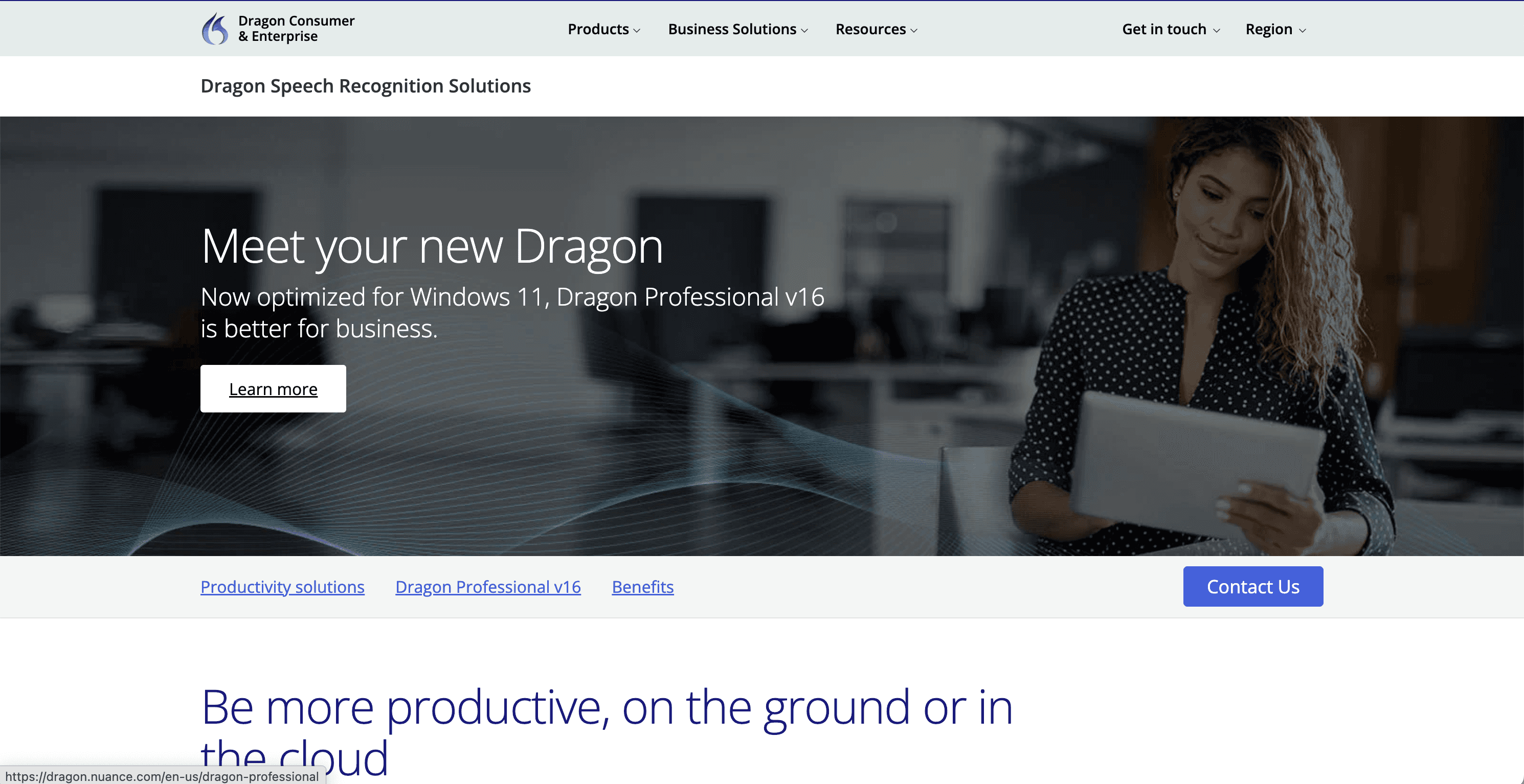 Dragon Professional speech recognition homepage screenshot