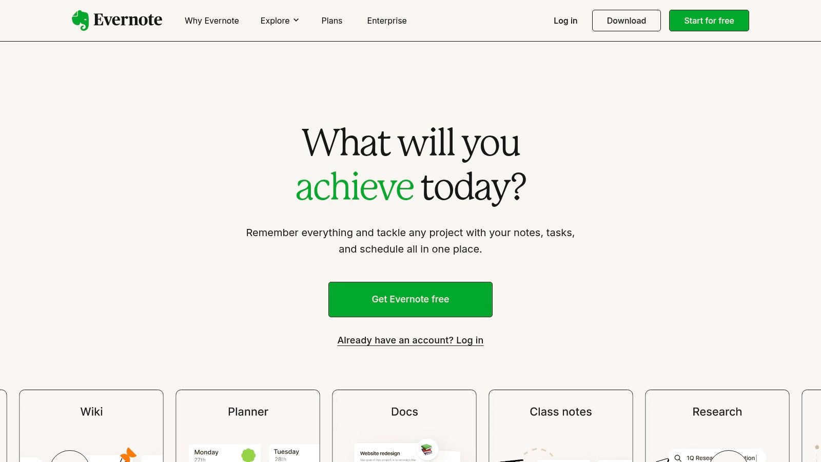 Screenshot of Evernote note-taking app homepage. 