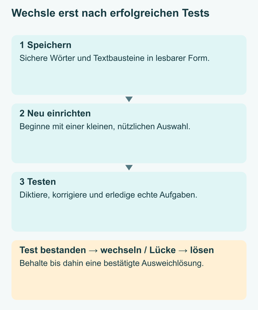 Ablauf für den Umstieg: lesbare Kopien sichern, eine kleine Auswahl wichtiger Einträge neu anlegen und vollständige Aufgaben testen. Erst wechseln, wenn die Aufgaben gelingen. Andernfalls vor Vertragsende offene Probleme lösen und eine bestätigte Ausweichlösung sichern.
