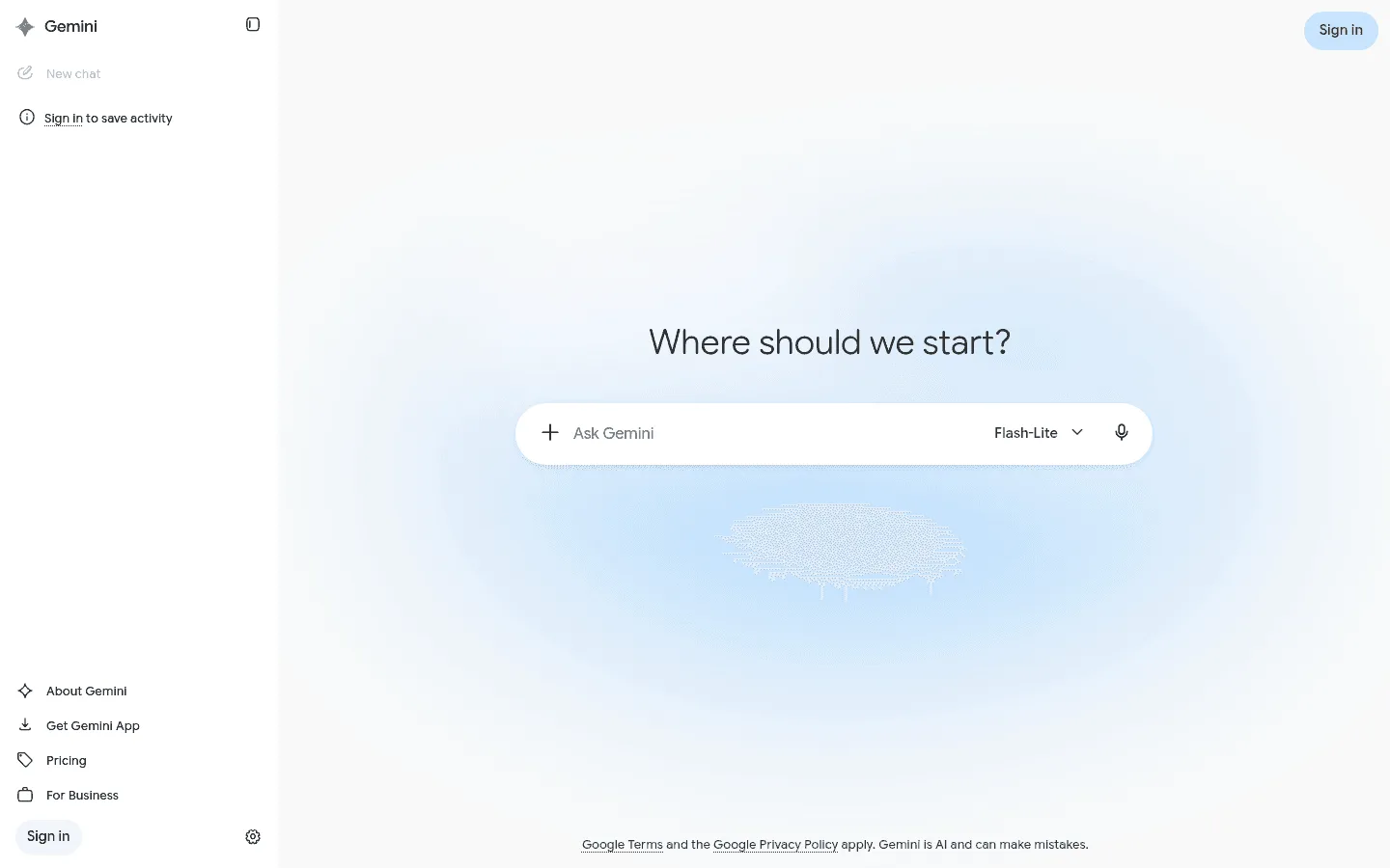 Gemini prompt box with microphone icon on the public Gemini page