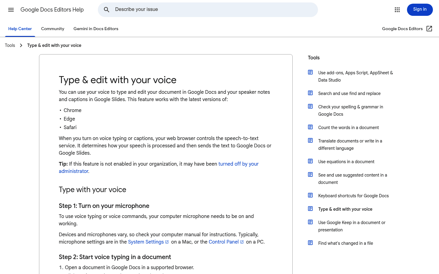 Google Docs Voice Typing support page screenshot