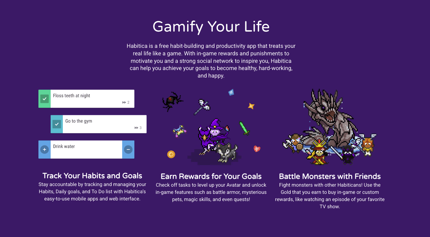 Habitica gamification app homepage screenshot
