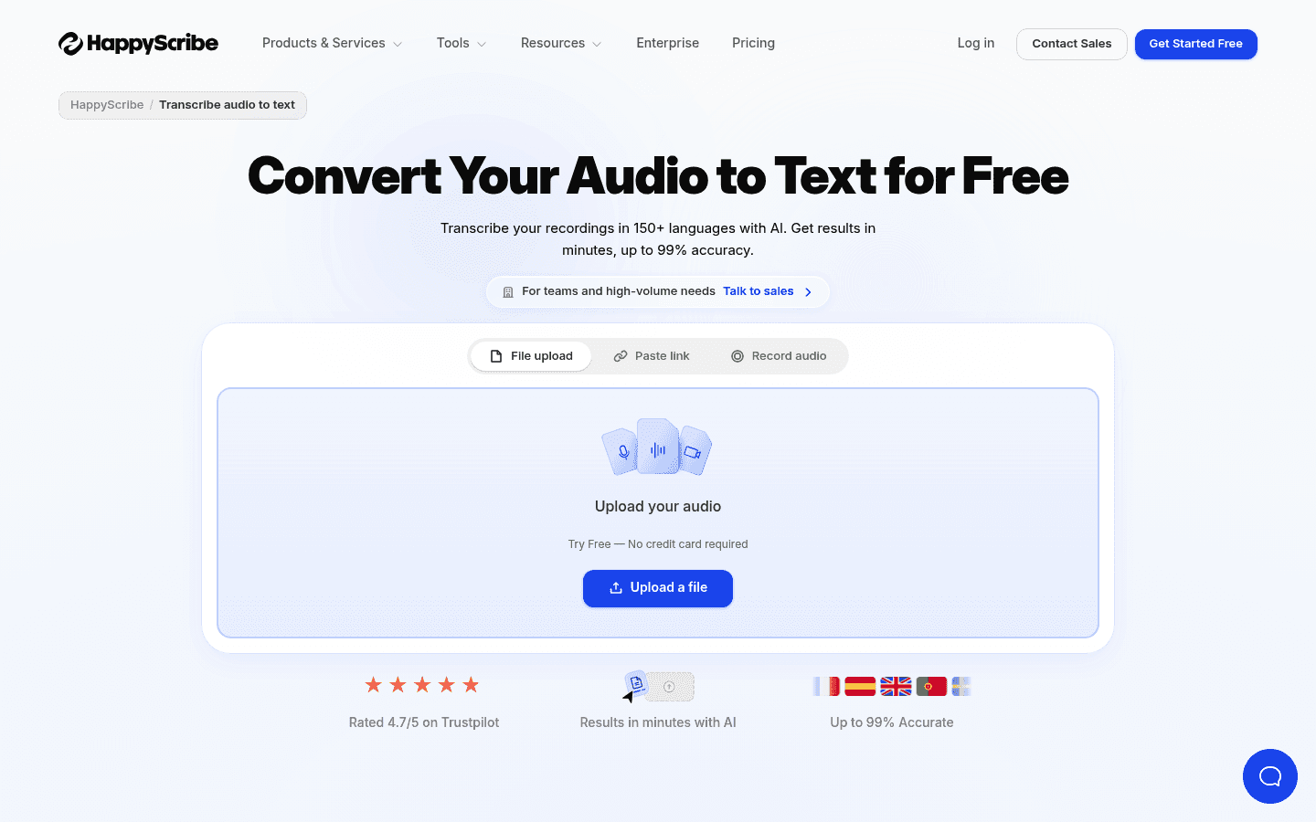 HappyScribe audio-to-text transcription software screenshot