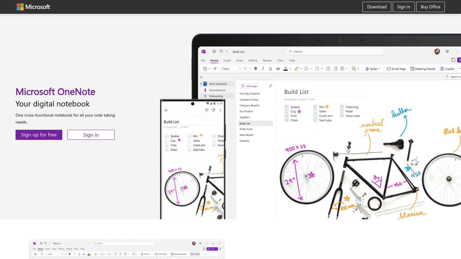 Screenshot of Microsoft OneNote homepage 