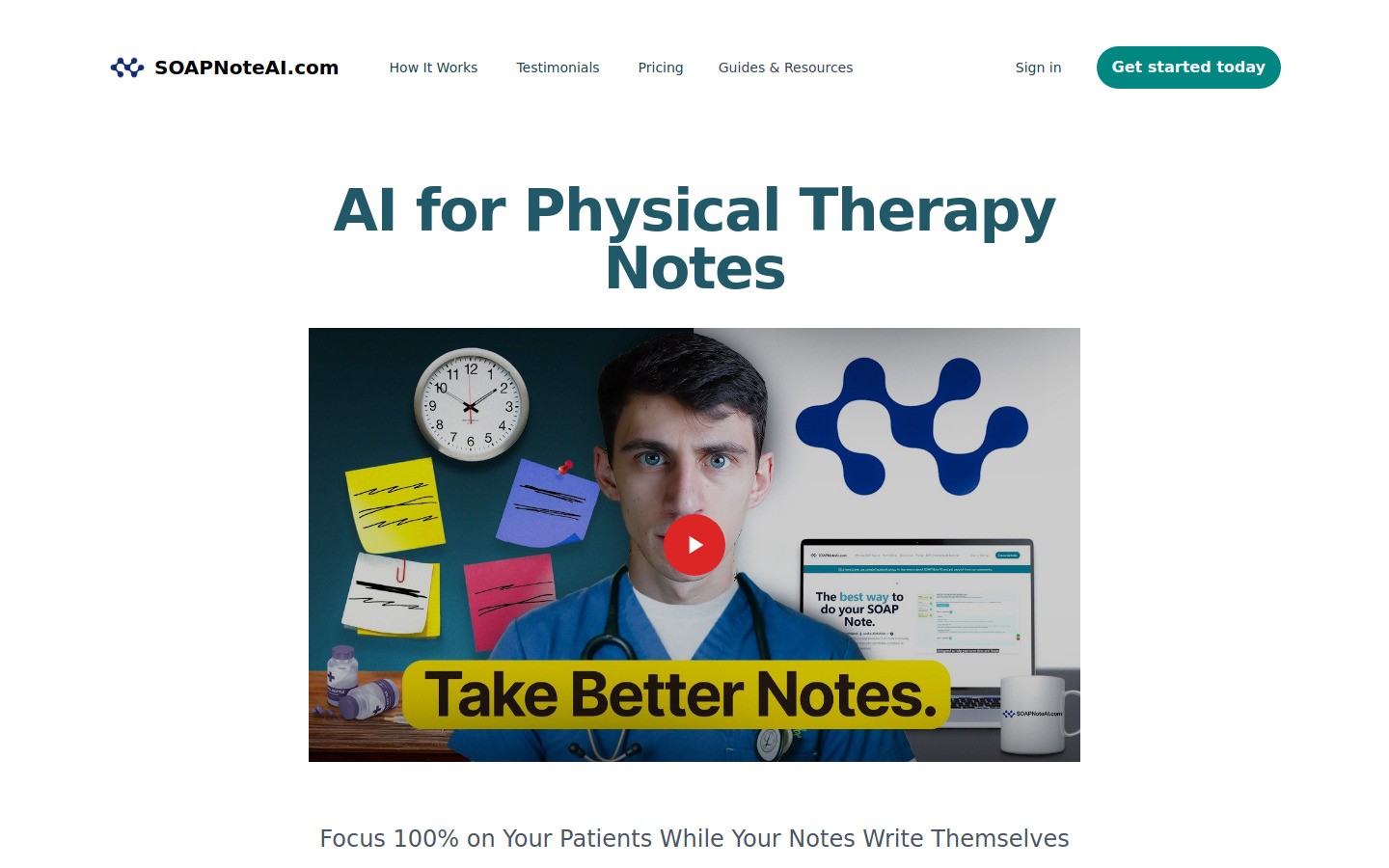 SOAPNoteAI page for physical therapy notes and voice dictation