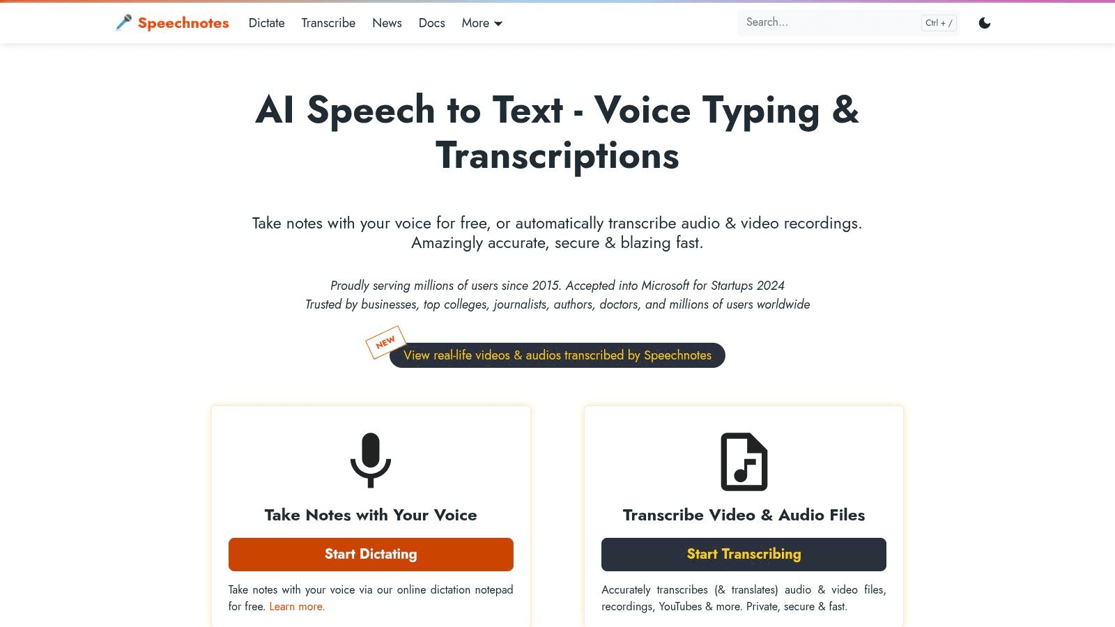 Speech Notes homepage screenshot 