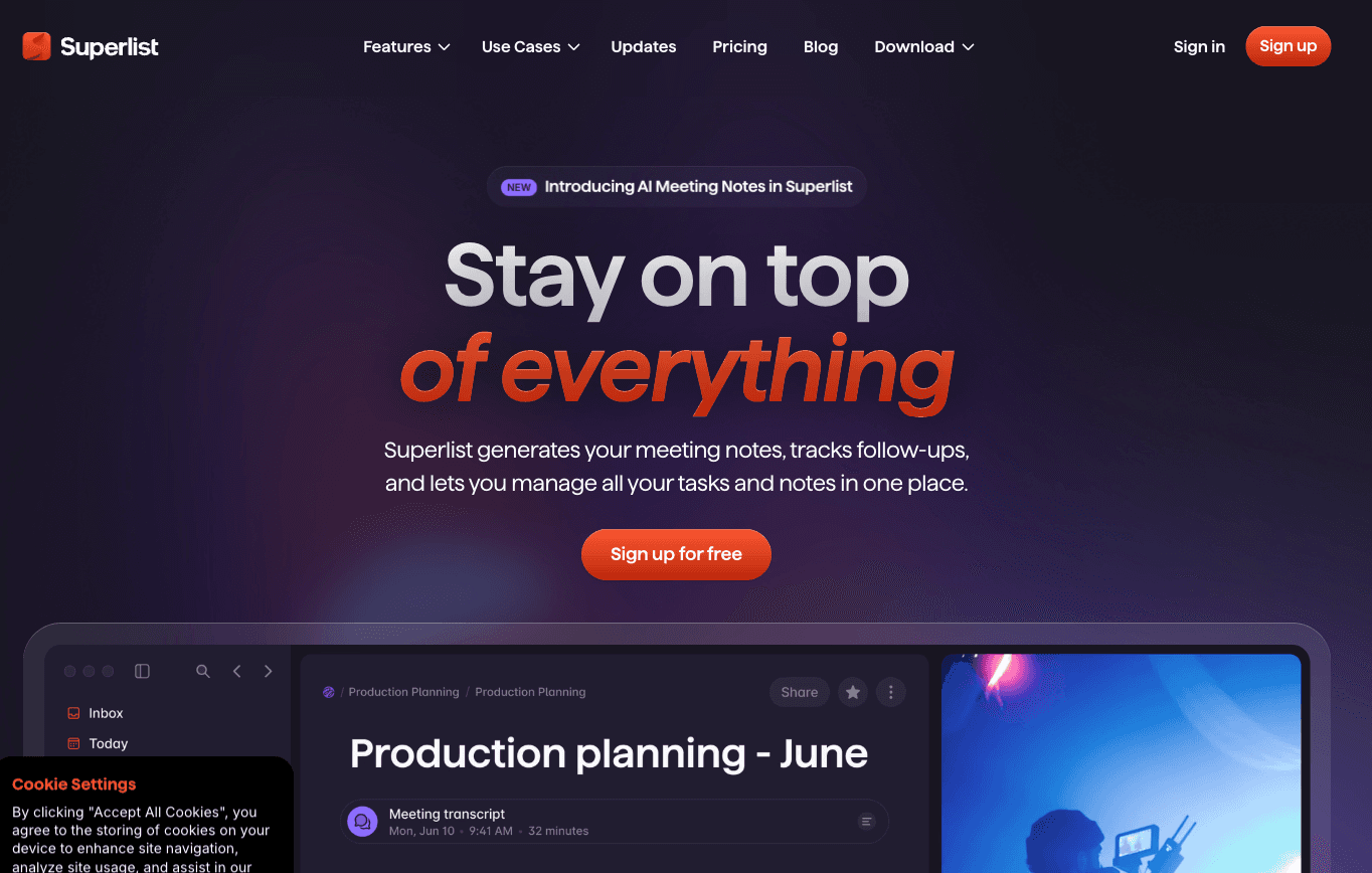 Superlist AI task management app homepage. 