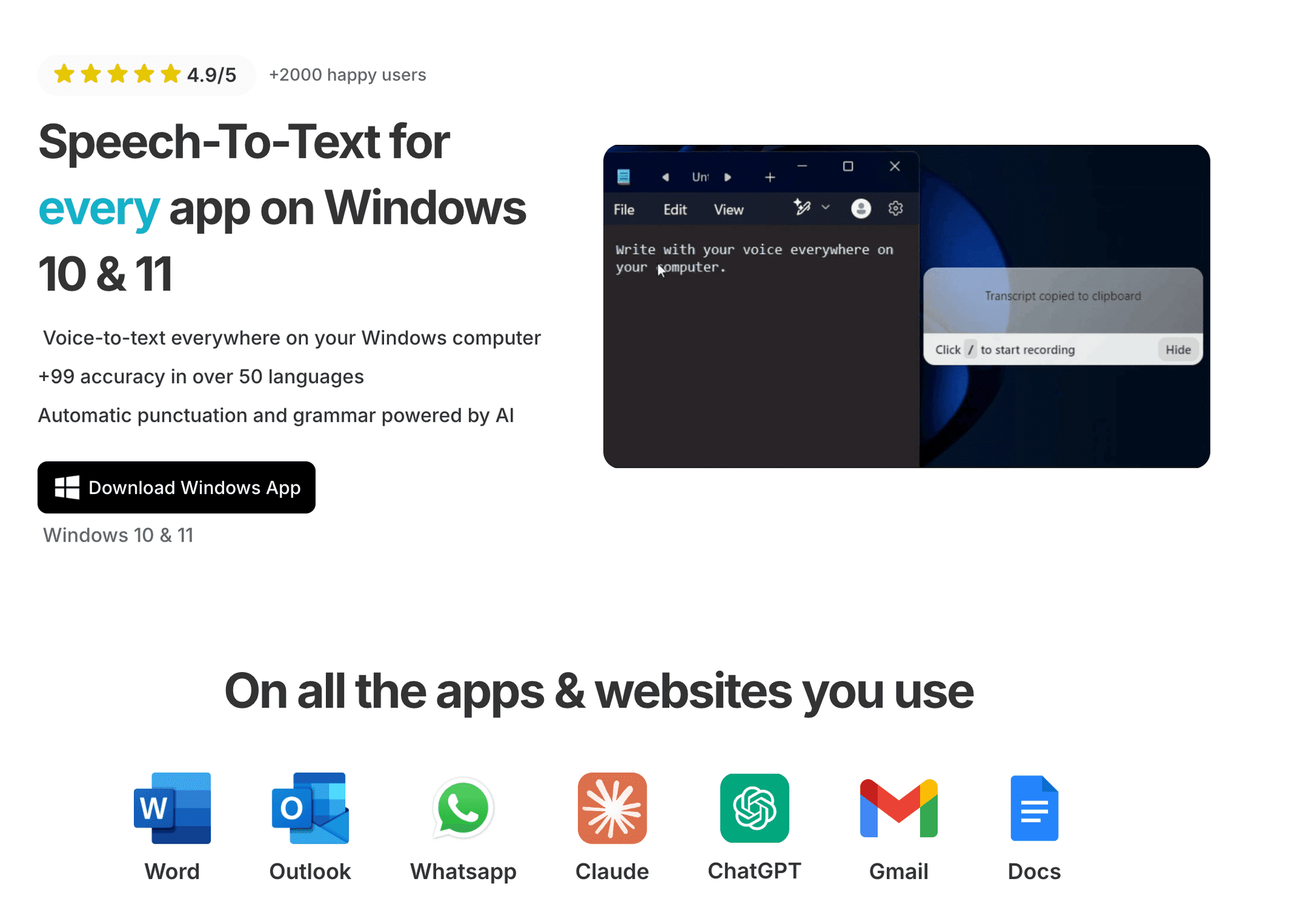 Screenshot of the homepage for the Voicy Speech Text app, specifically for Windows 10 and 11.
