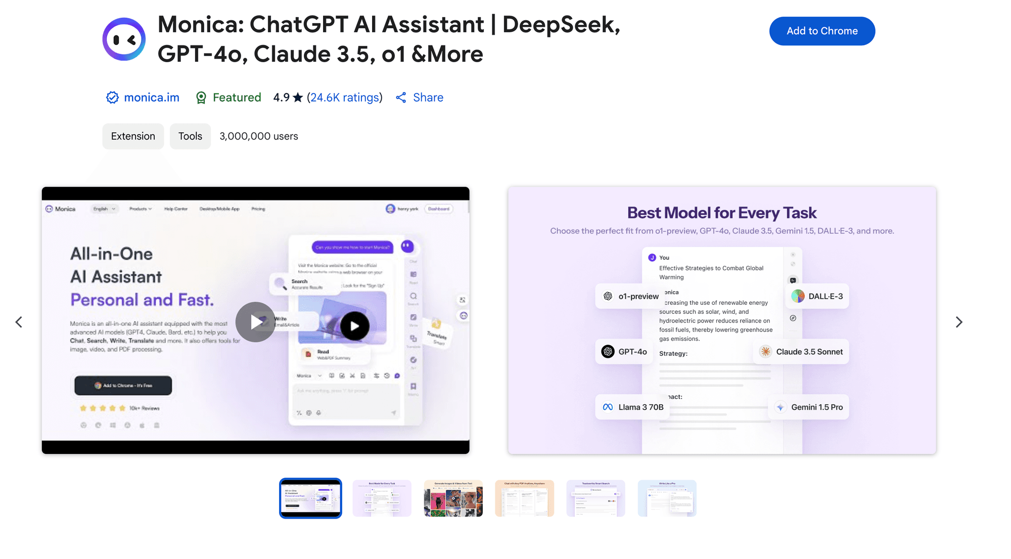Screenshot of the Monica AI Chrome Extension Web Store page