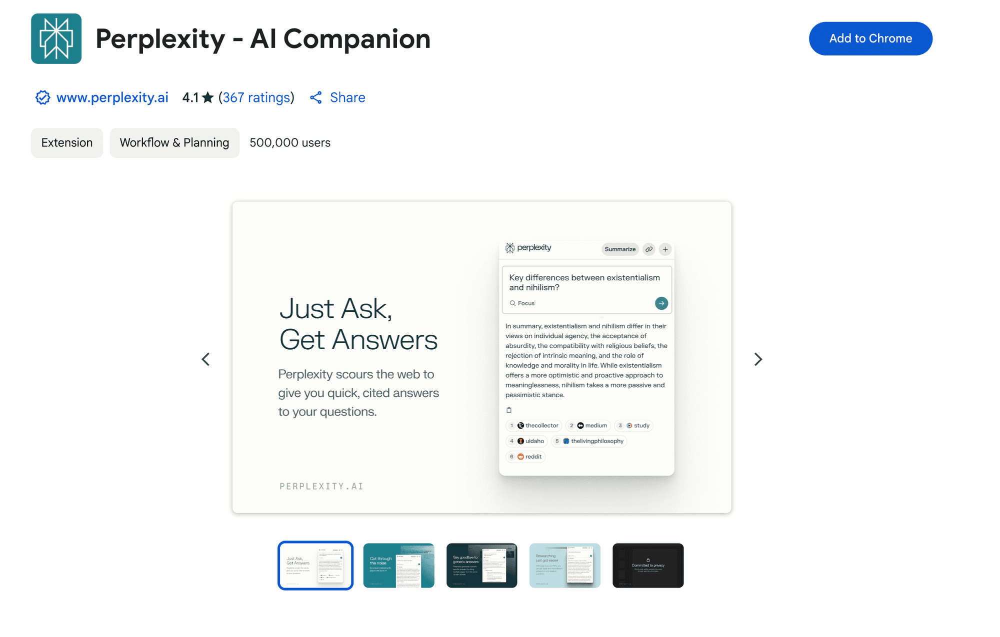 Screenshot of the Perplexity Chrome Extension Page