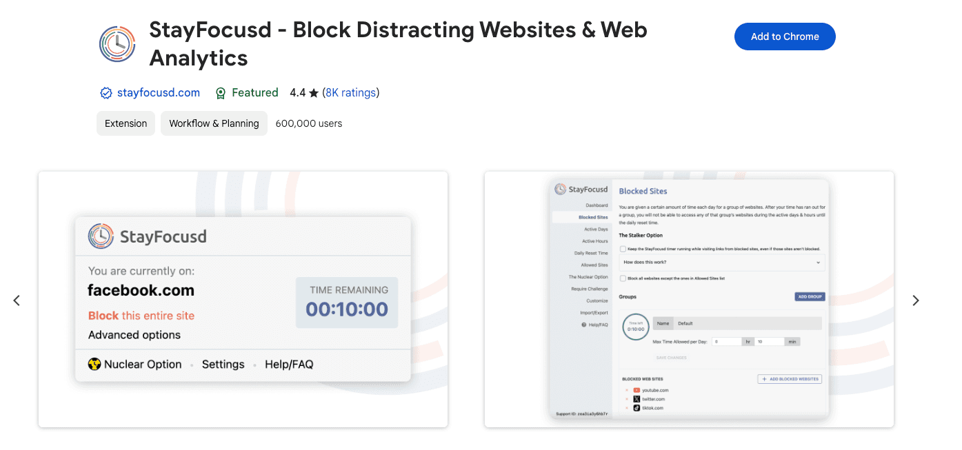 Screenshot of the StayFocusd Chrome extension page.