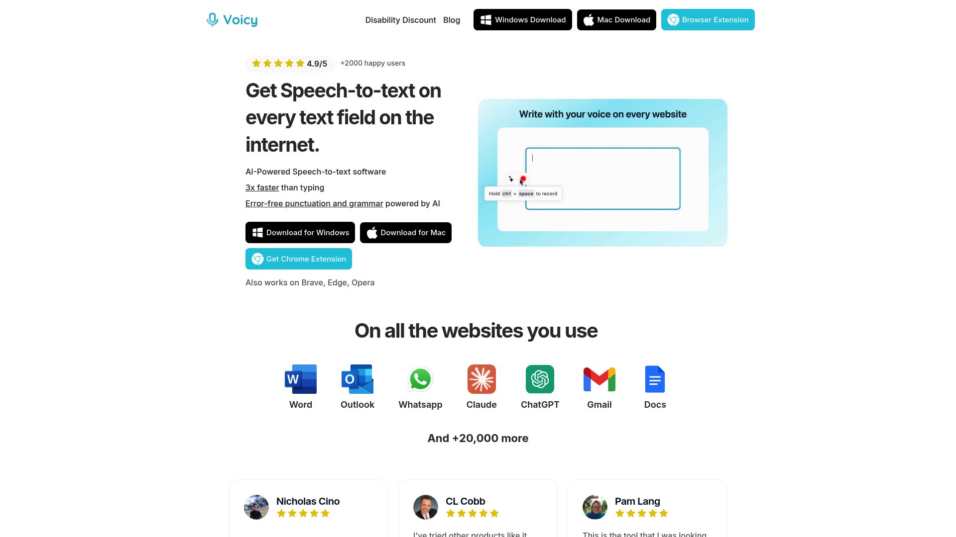 Screenshot of the Voicy Speech-to-Text homepage.