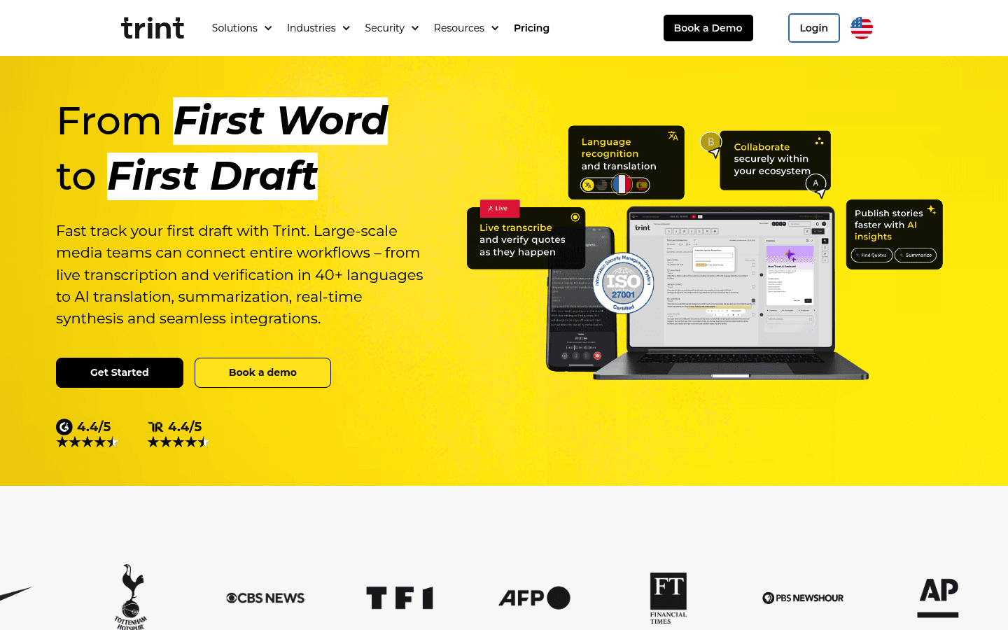 Trint transcription software homepage screenshot