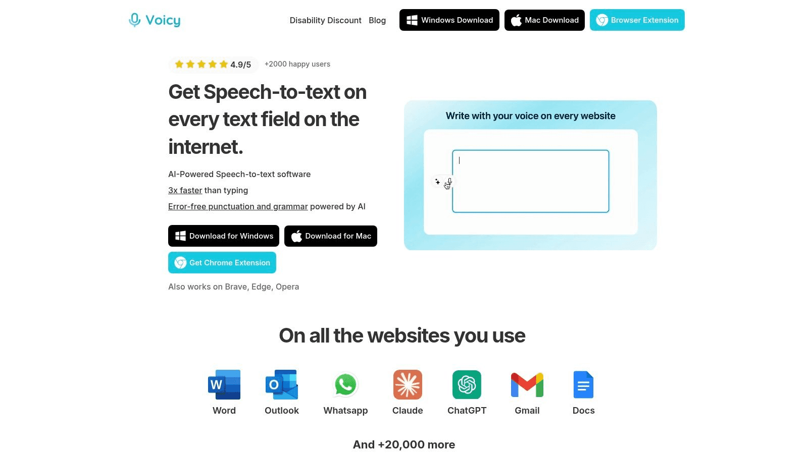 Voicy Speech to Text app homepage screenshot