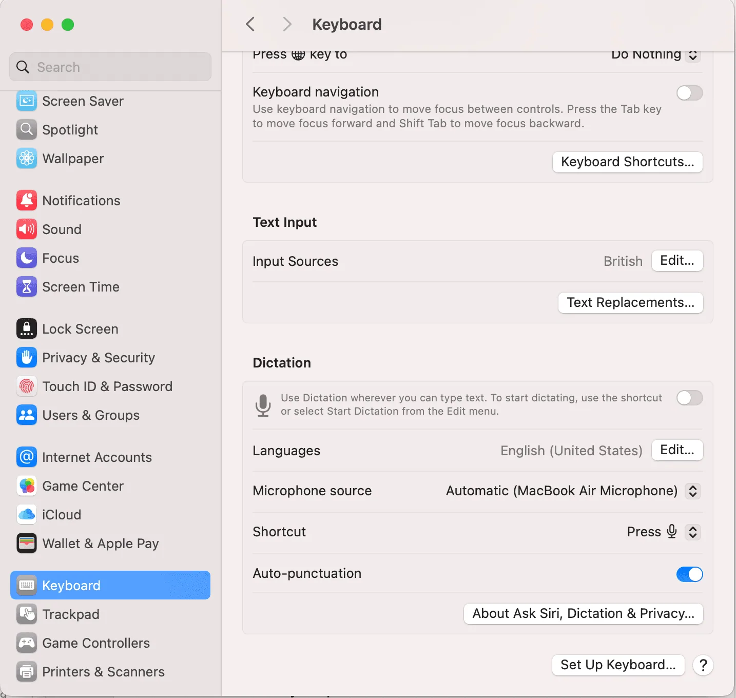 Mac Dictation settings