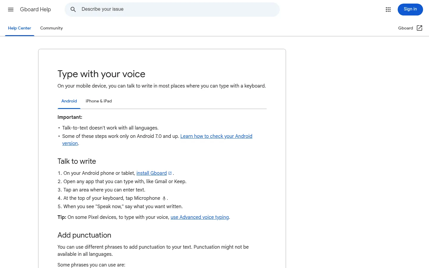 Gboard Help page showing mobile voice typing instructions for apps like Gmail