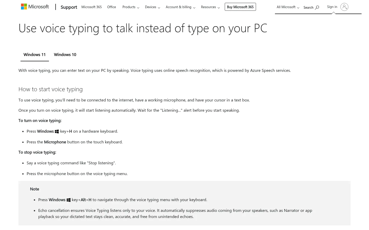 Windows Voice Typing instructions