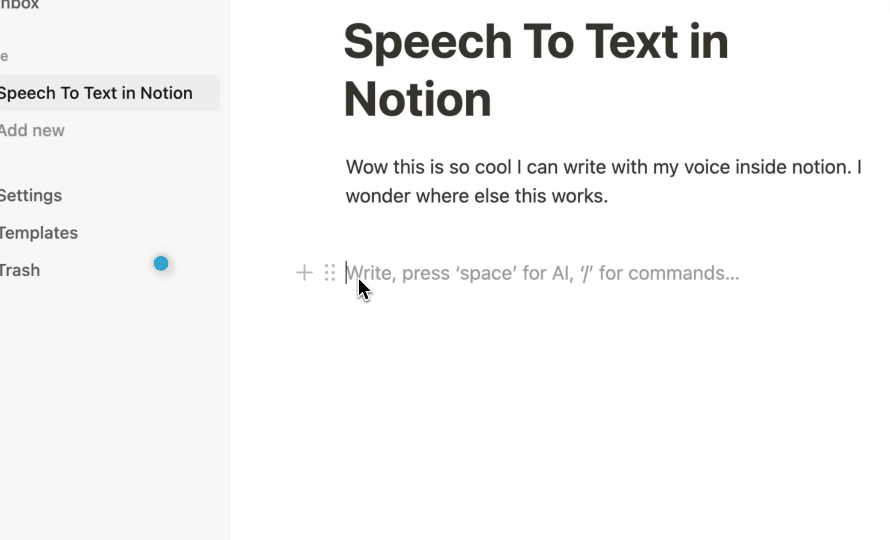 Voicy dictating notes in Notion