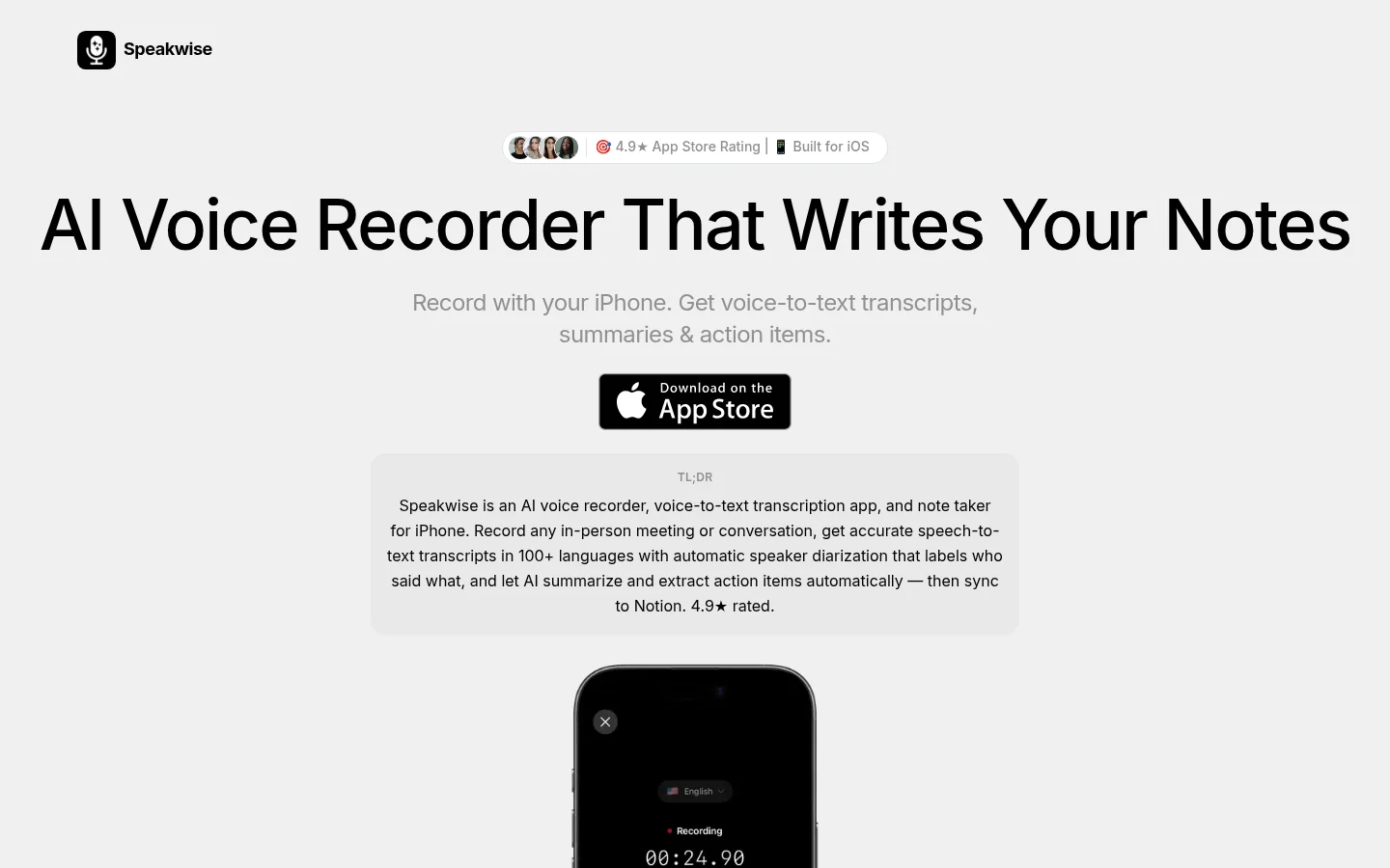 Speakwise AI voice notes app homepage screenshot