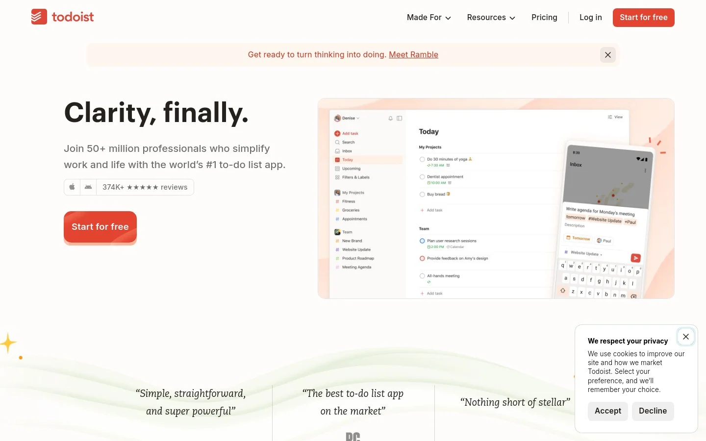 Todoist homepage hero section showing task management dashboard