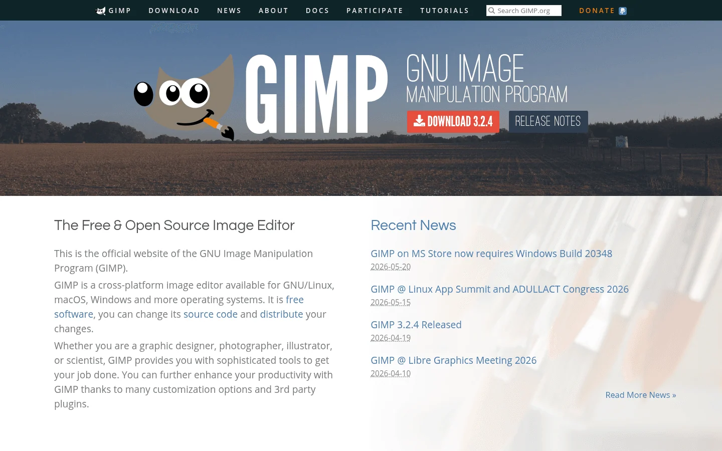 GIMP image editor homepage screenshot