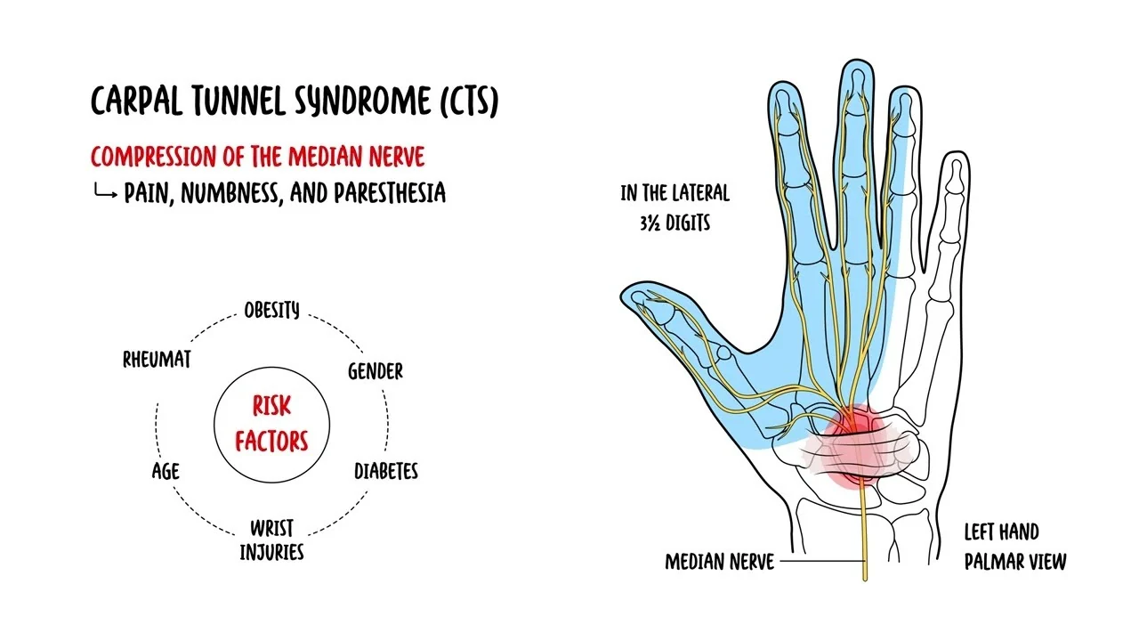 Infographic showing where carpal tunnel happens in the hand and displays 6 risk factors that contribute to carpal tunnel syndrome