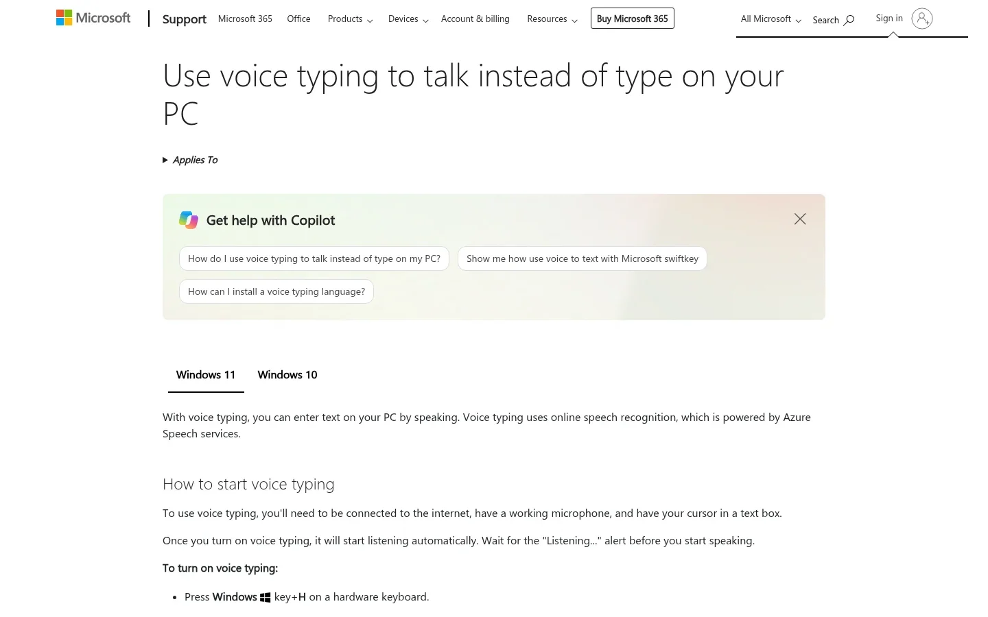 Microsoft official Windows Voice Typing page