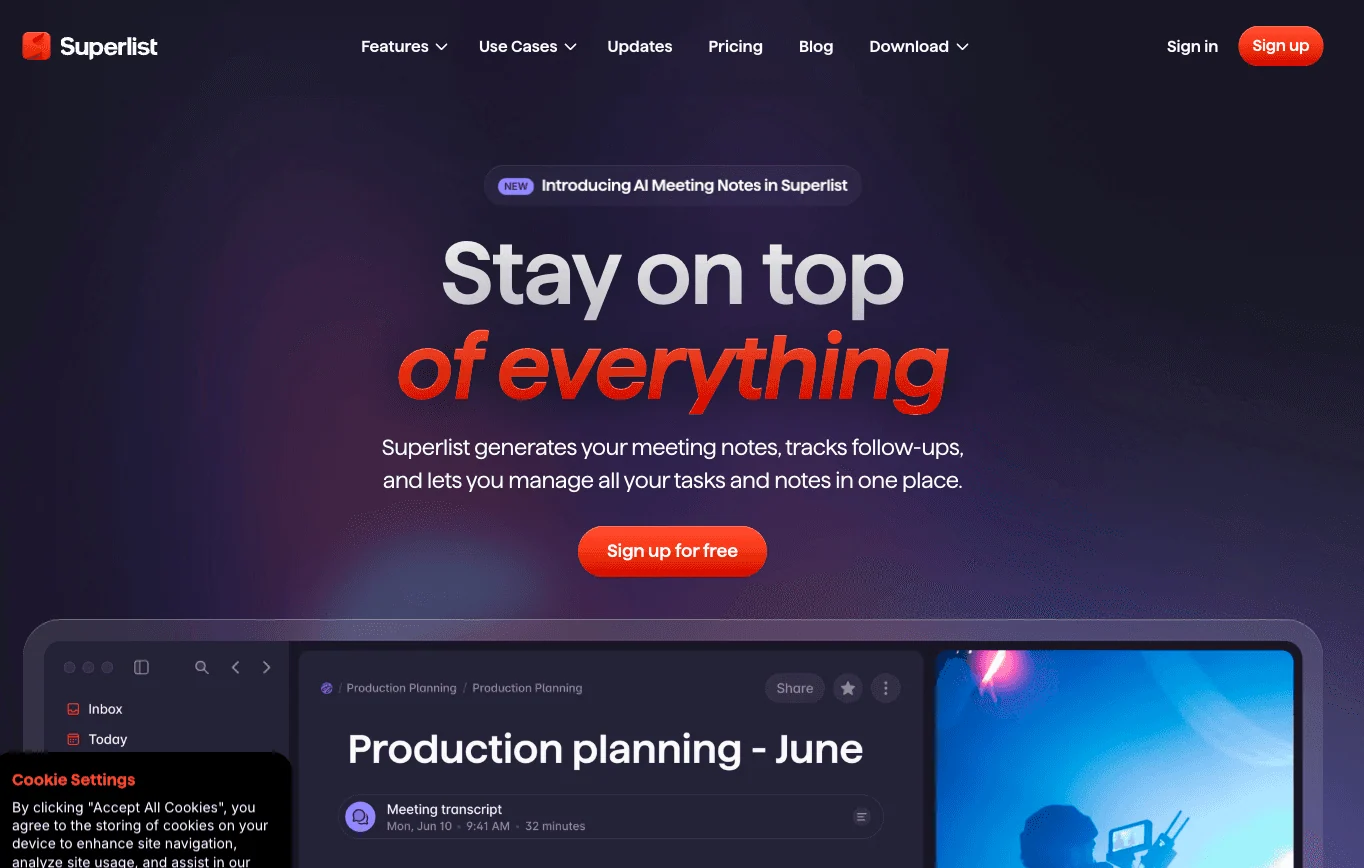 Superlist AI task management app homepage. 