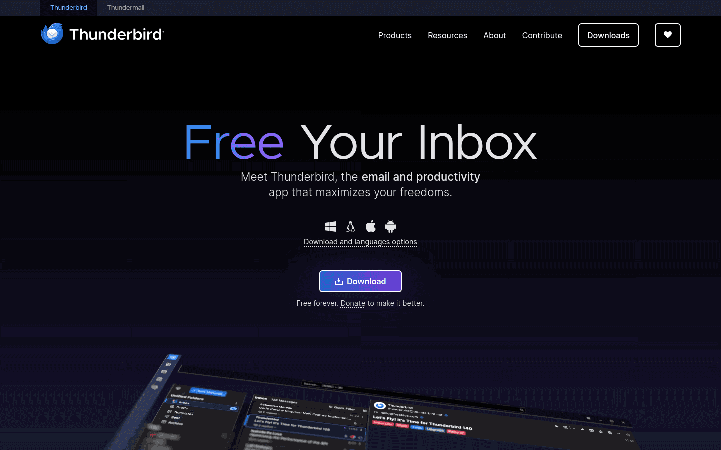 Thunderbird email app homepage screenshot