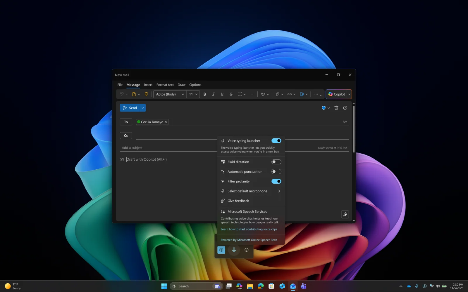 Microsoft Windows 11 screenshot showing the voice typing settings panel with Fluid dictation, automatic punctuation and Select default microphone