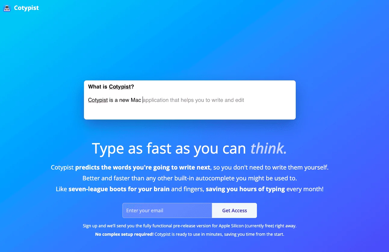 CodeTypist AI Autocomplete Mac App Homepage. 