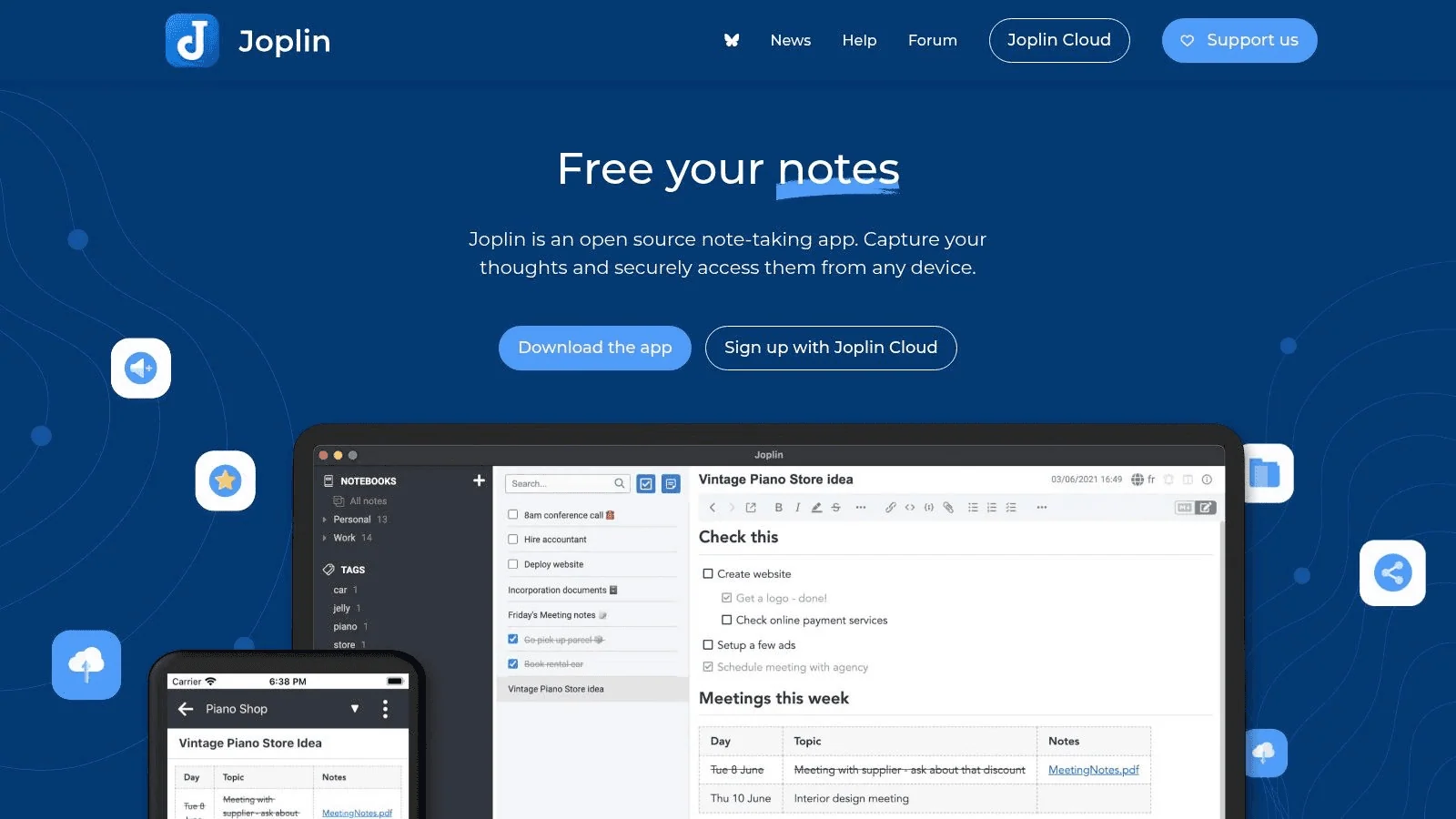 Screenshot of the Joplin note-taking app homepage. 