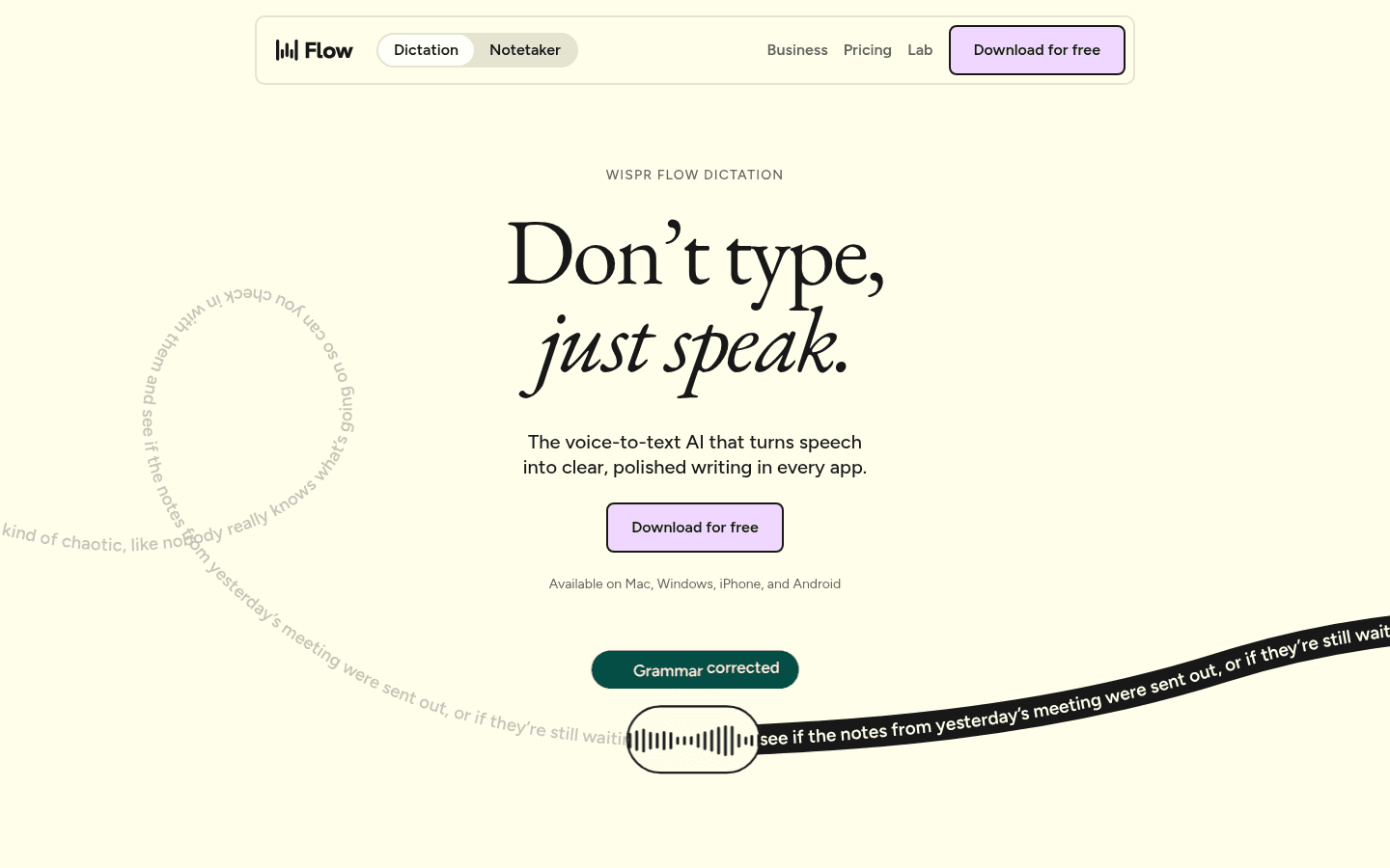 Wispr Flow dictation app homepage screenshot