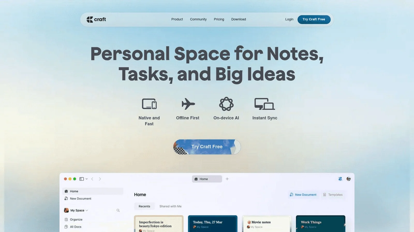 Screenshot of the Craft note-taking app homepage. 