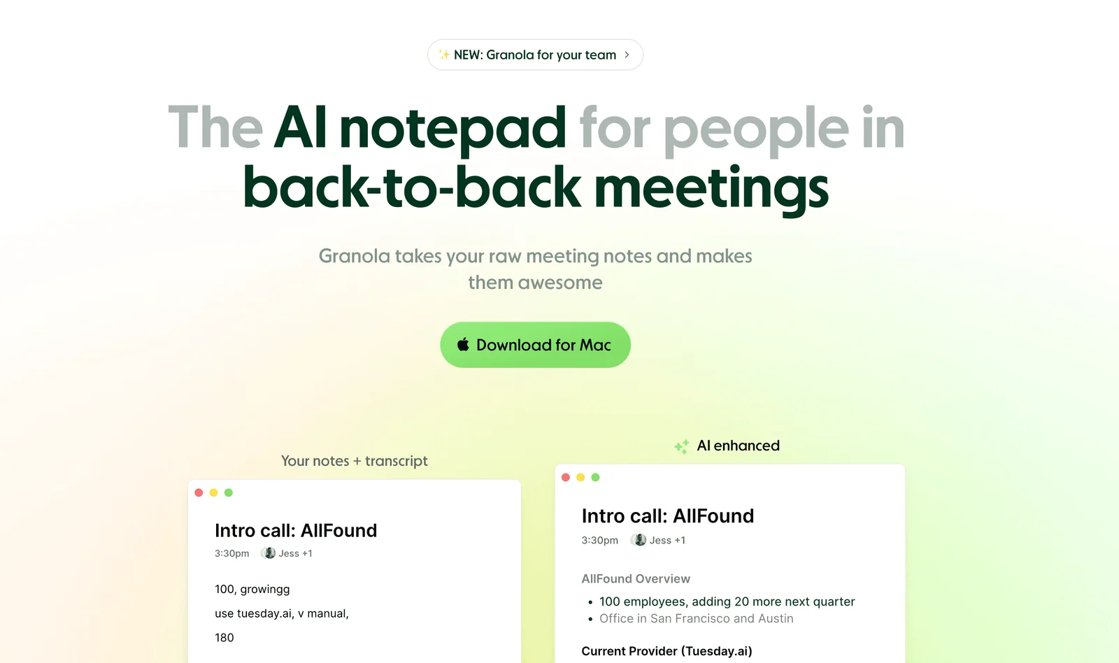 Granola AI note-taking tool for meetings homepage screenshot. 