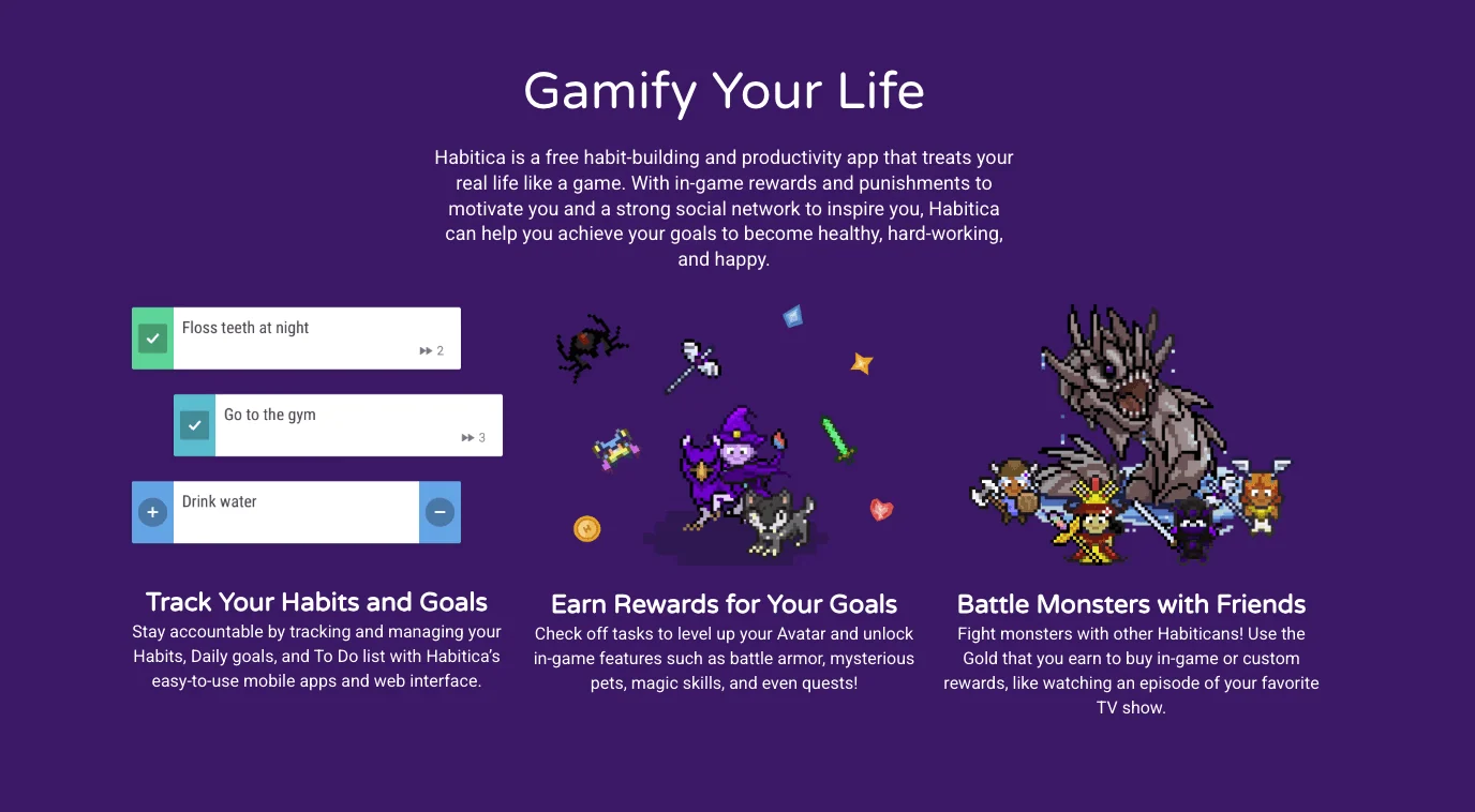 Habitica gamification app homepage screenshot
