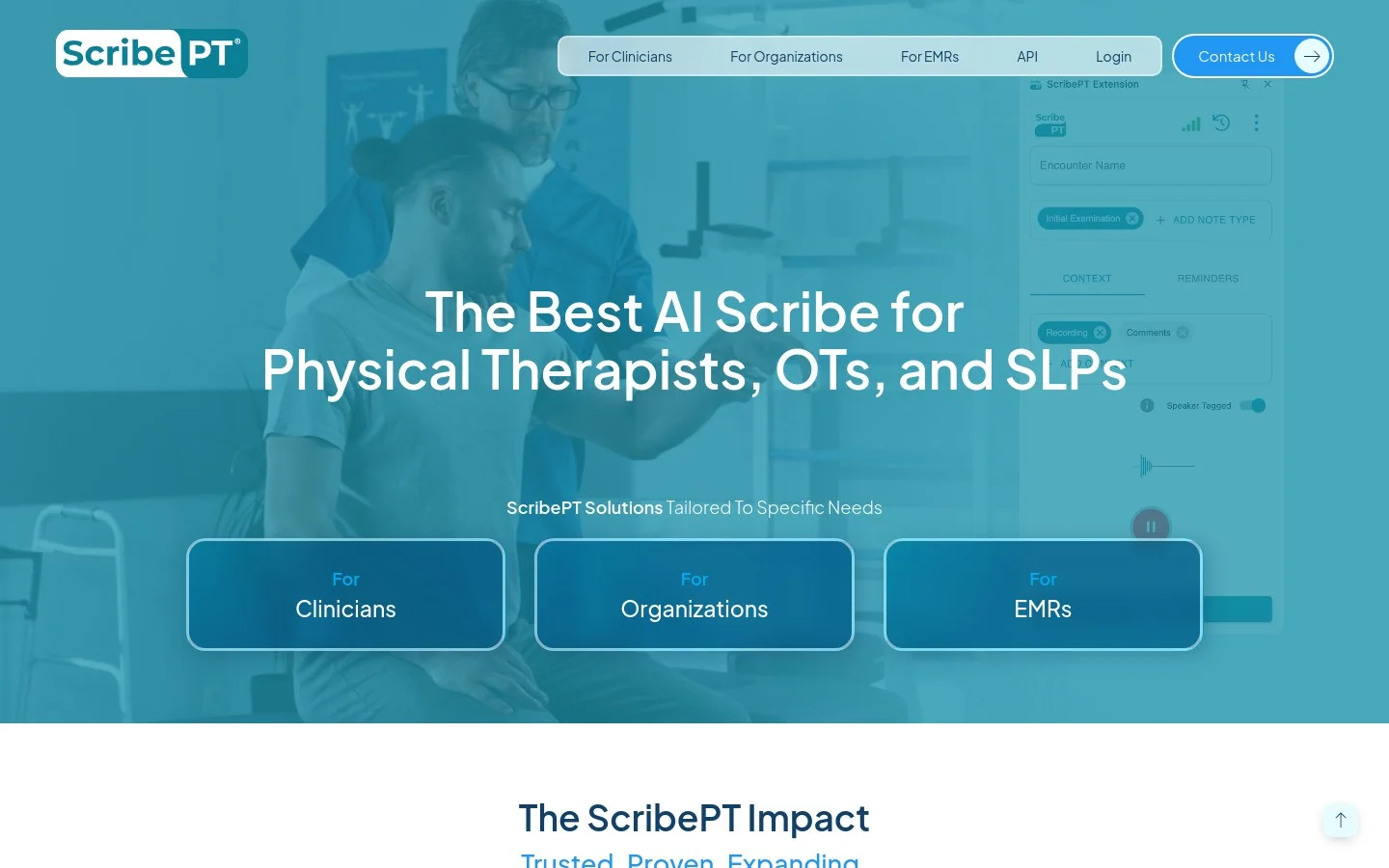 ScribePT homepage for AI scribing for physical therapists