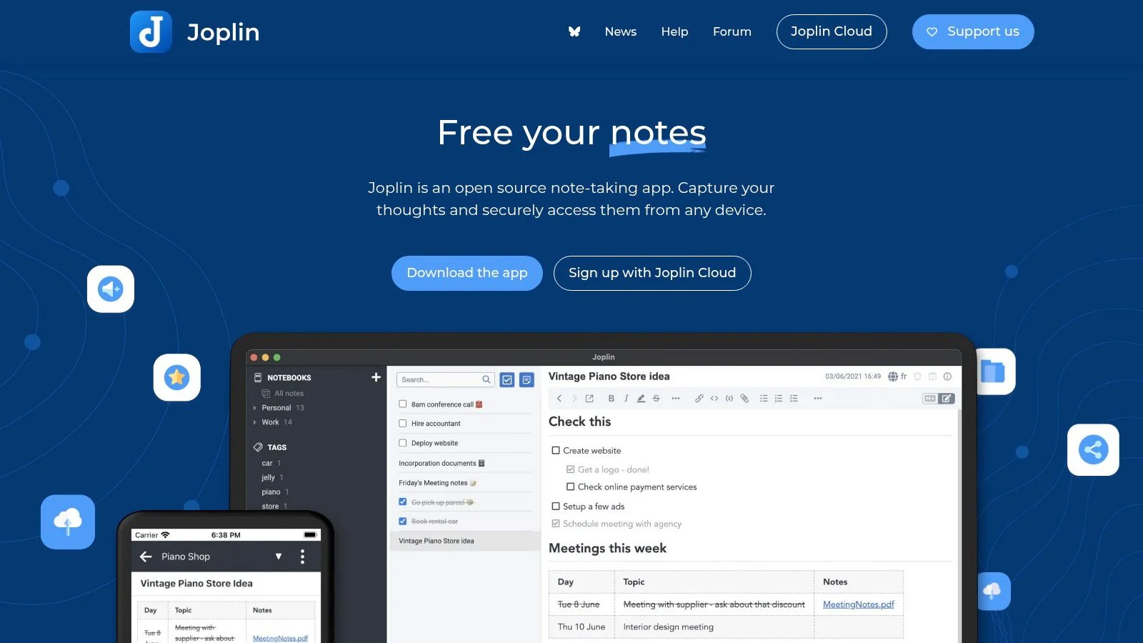 Screenshot of Joplin note-taking app homepage. 