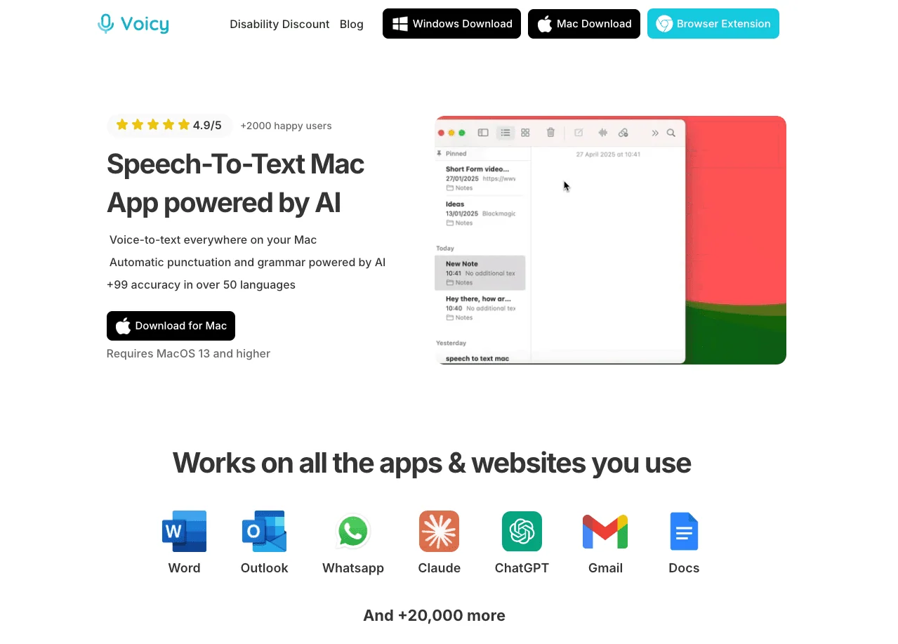 Voicy, Speechy Text, Mac App, Homepage. 
