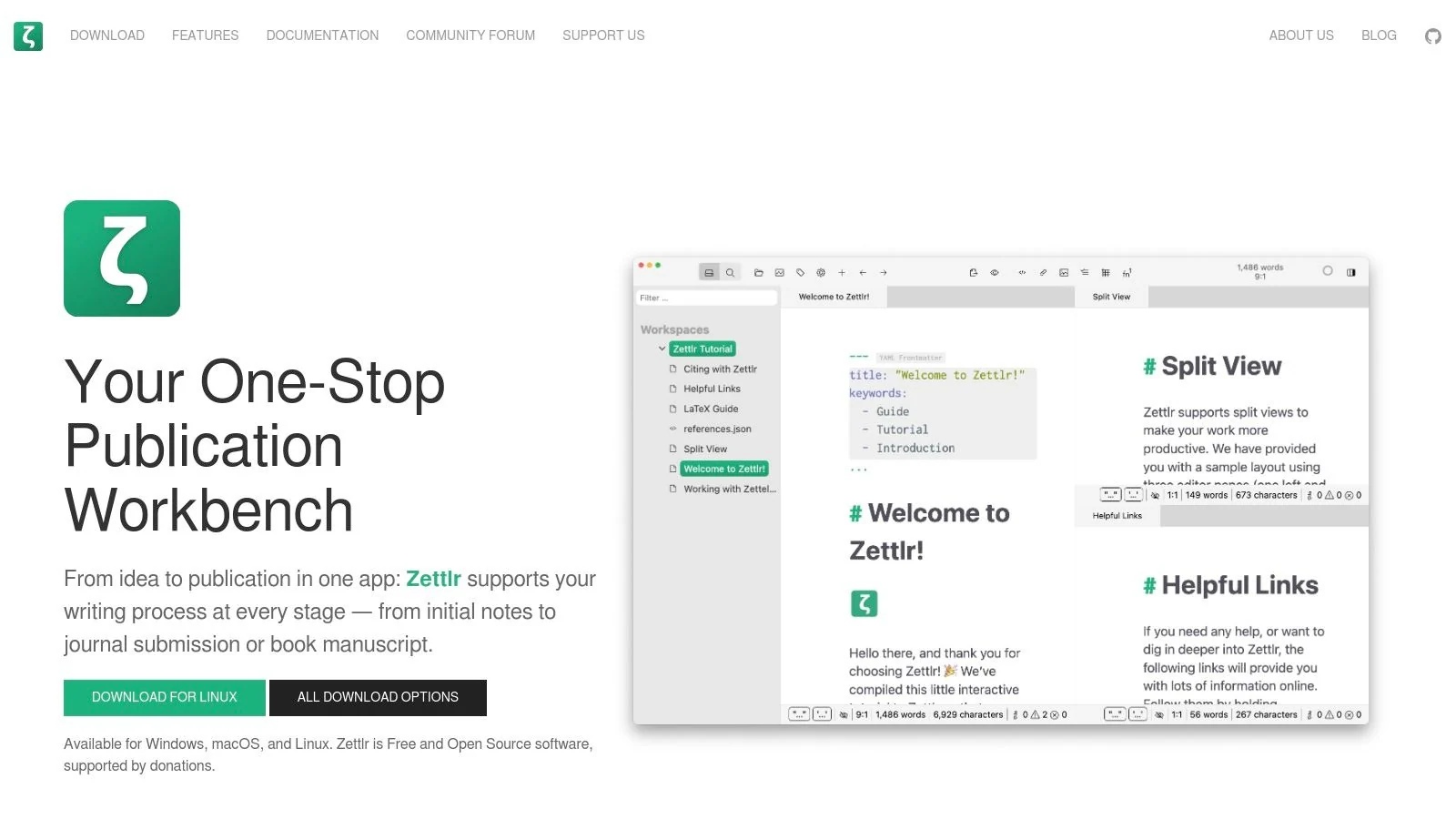 Screenshot of Zettlr note-taking app homepage. 