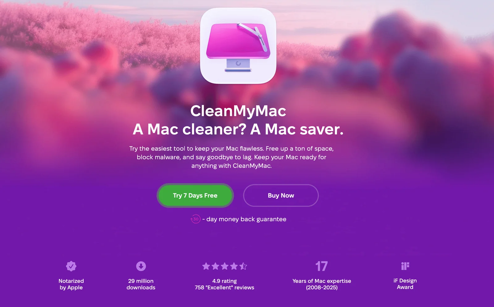 Screenshot of the CleanMyMac app homepage