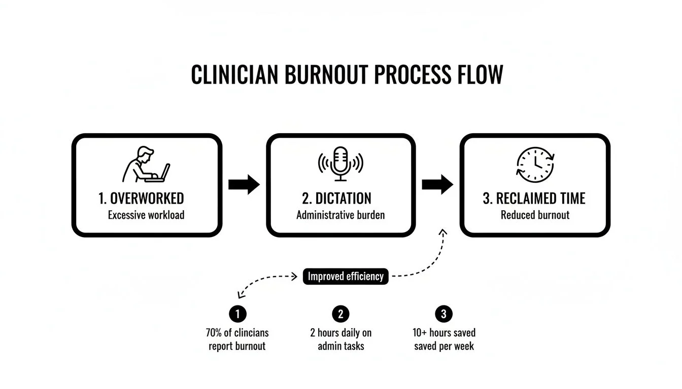 Flowchart illustrating clinician burnout process: excessive workload, administrative burden, and solution of dictation for reduced burnout.