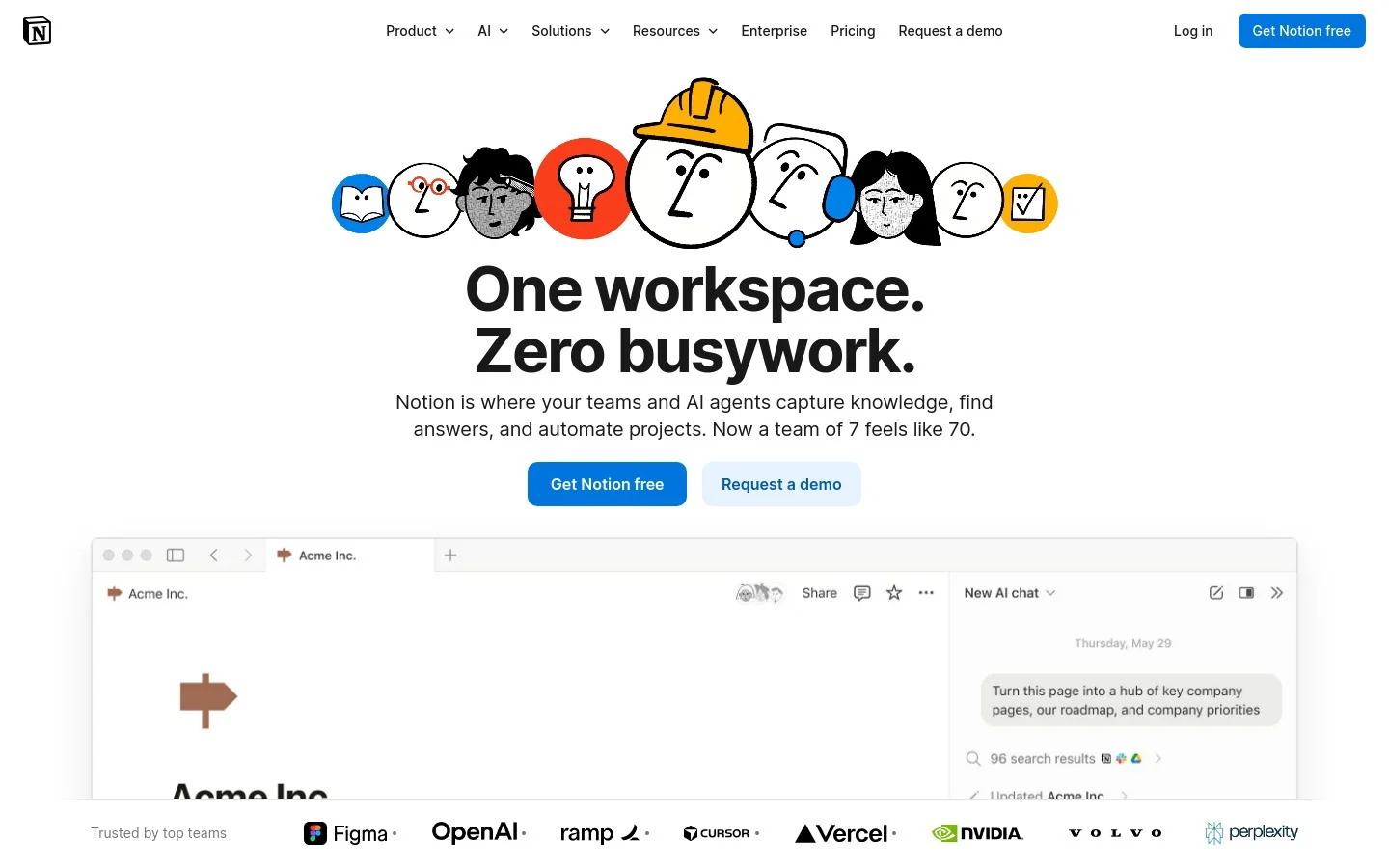 Notion homepage hero section showing all-in-one workspace interface