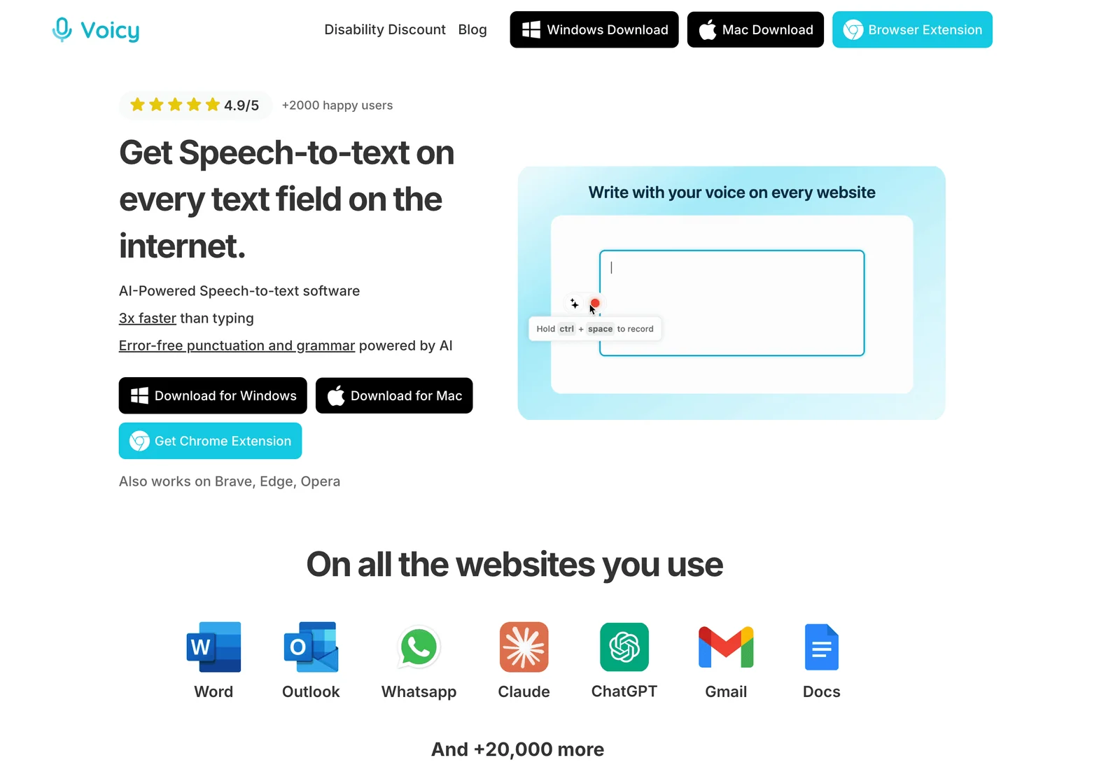 Voicy Speech to Text homepage screenshot
