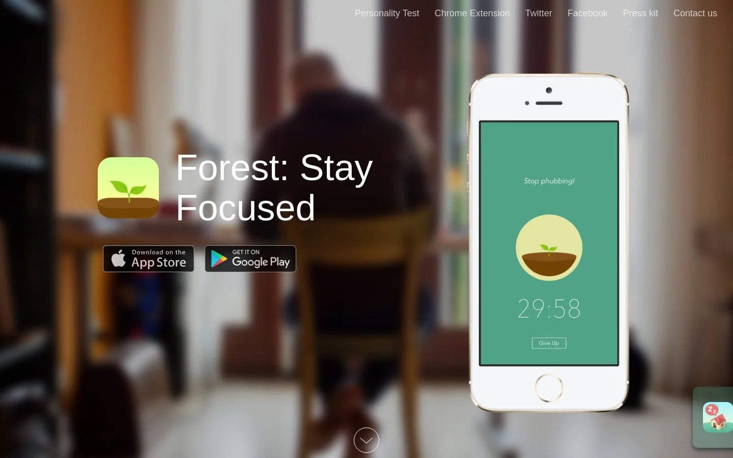 Forest app homepage hero section showing focus timer app